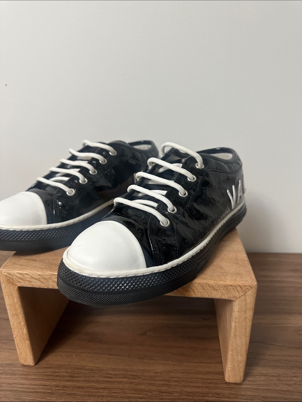 Valentino Black Patent Low-Top Sneakers with White Toe Caps and Laces